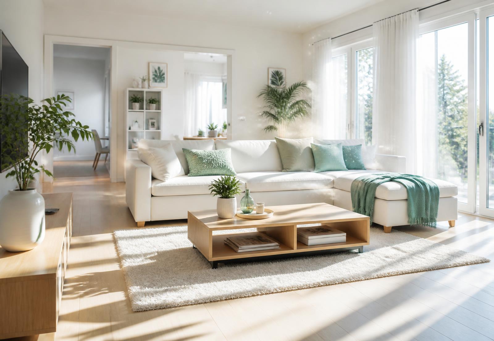 Bright, freshly cleaned living room with sunlight streaming in